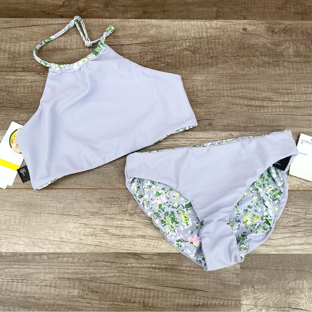 New Girls Zella Reversible Cosmic Purple Floral Bikini High Neck Size 12